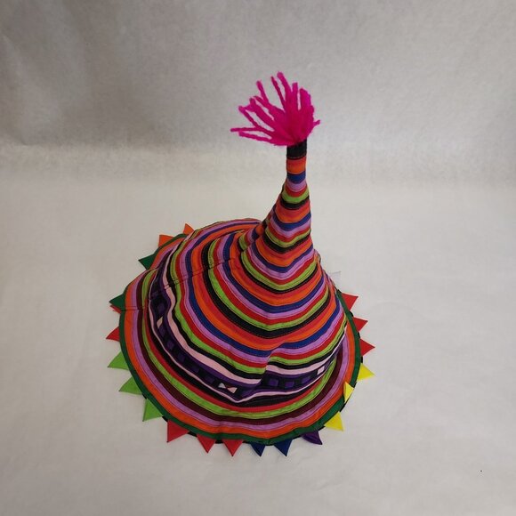 Handmade Traditional Hill Tribe Festival Hat Cone Shape Vibrant Patchwork Stripe - Picture 8 of 10